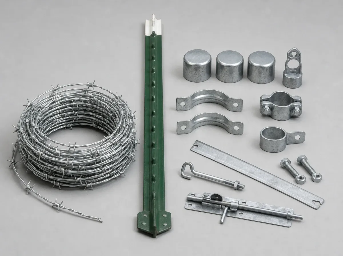 Poste tipo T, rollo de alambre de púas, tapones, abrazaderas, solera, tornillos y pasador galvanizados