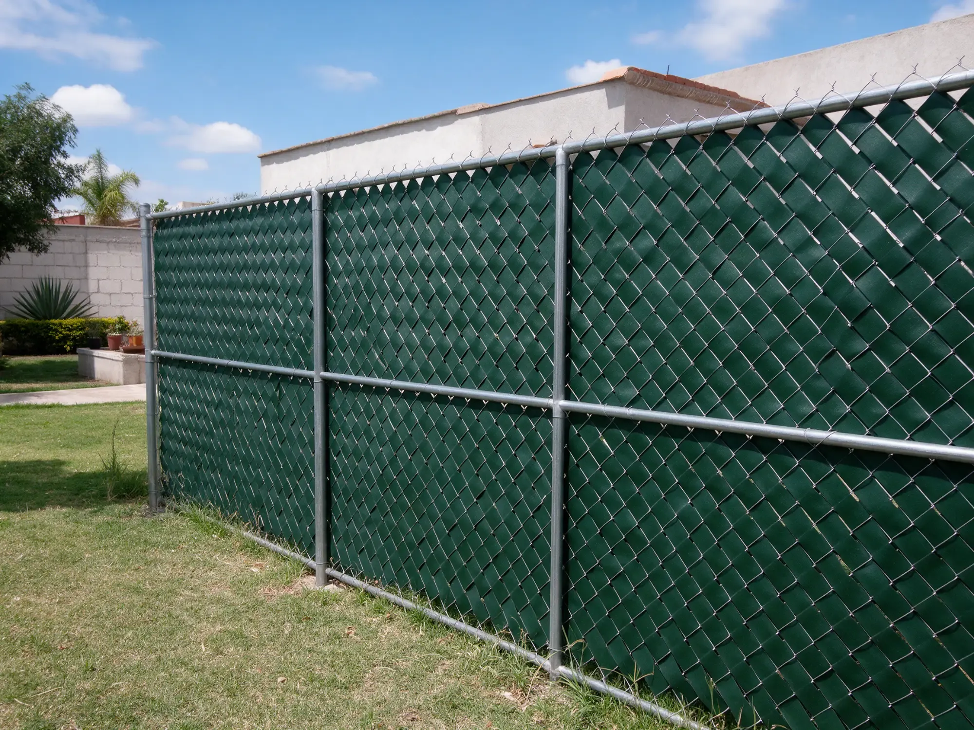 Malla ciclónica con cinta de privacidad verde en el patio de una casa