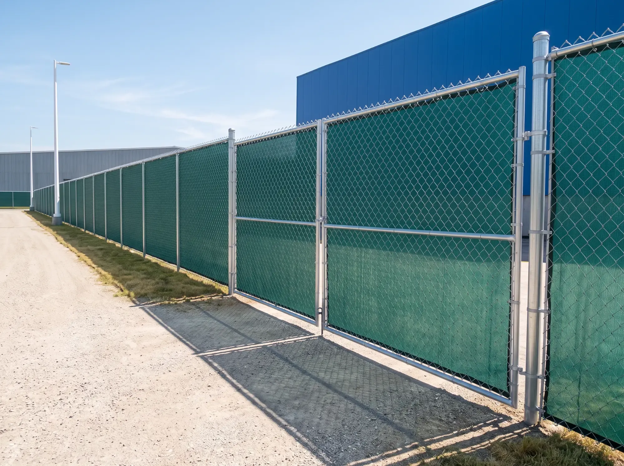 Malla sombra verde instalada sobre una cerca de malla ciclónica con portón, frente a una nave industrial