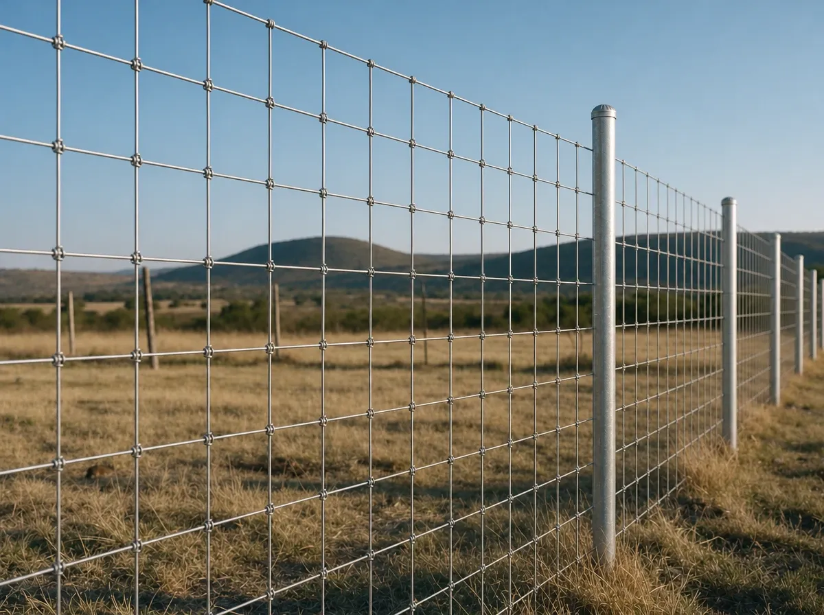 Malla triple nudo galvanizada con postes de tubo galvanizado en un terreno de pastizal